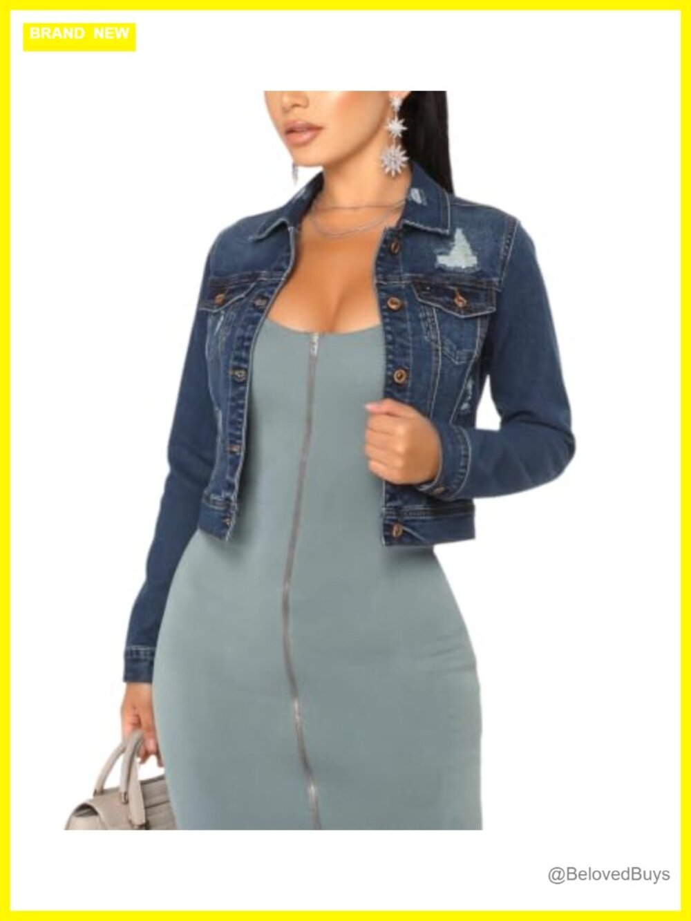 Frayed Cropped Denim Jacket Button Down Long Sleeve Cotton Casual